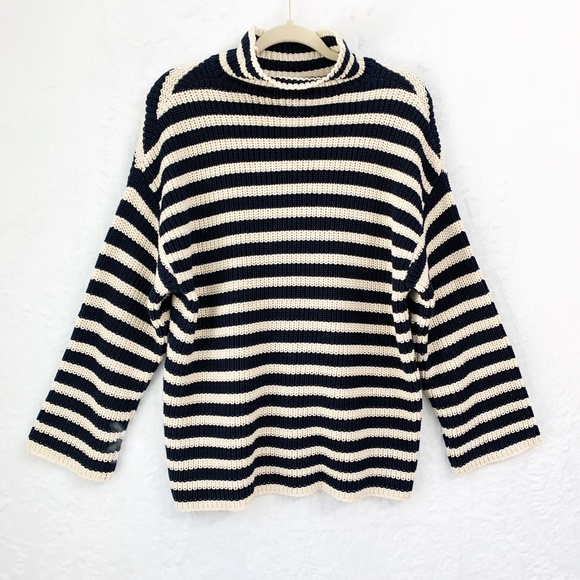 Demylee  Olyvia Stripe Turtleneck Chunky Sweater in Navy/Neutral Sz S - Picture 4 of 9
